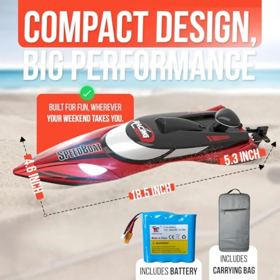 Remote Control Boat for Pool and Lake Use, ABS Plastic, Blue, 21+ MPH High Speed with Self-Righting Function, LED Lights, and T