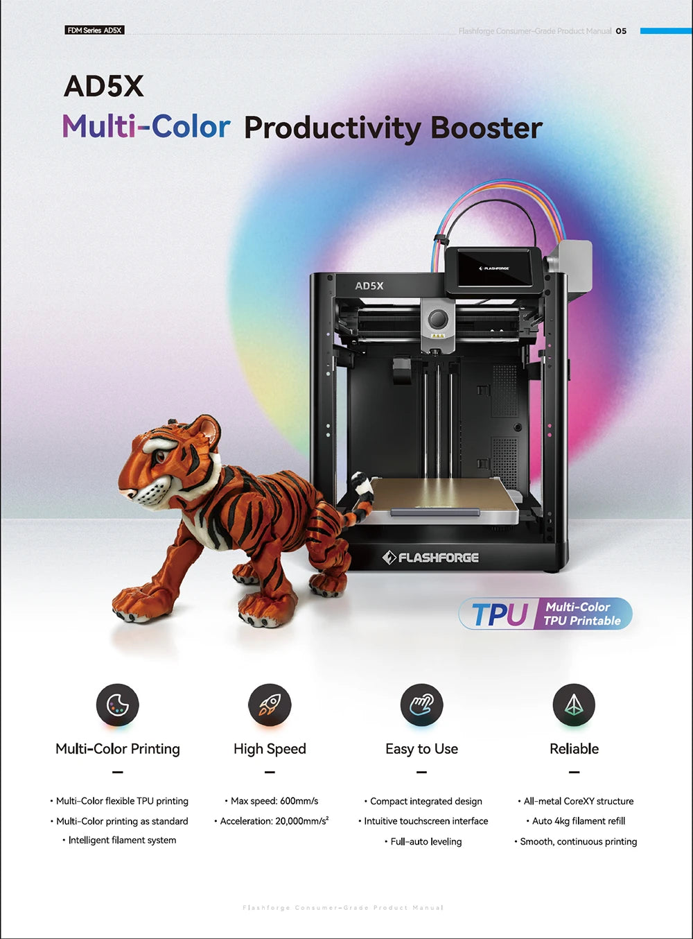 FLASHFORGE 3d Printer AD5X Multi-Color Printing High Speed Intelligent Filament System One-Click Auto Leveling Group Control