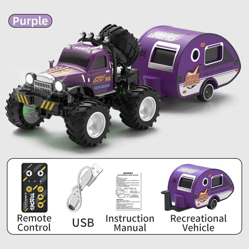 Hotfree 1/64 Mini RC Monster Truck, Metal Off-Road Stomper with Trailer, 2.4GHz Remote Control All-Terrain Vehicle, 3-Speed Adjustable, USB-C Rechargeable, Desktop Play, Indoor Outdoor Racing Toy, Fun Birthday Christmas Gift