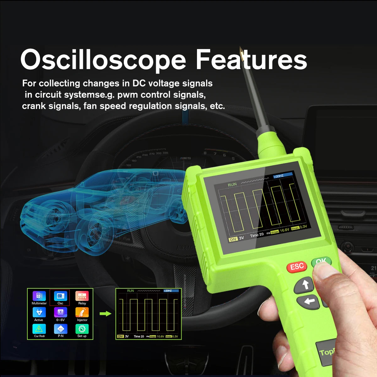 Topdiag P200 Pro Circuit System Tester 9V-48V Power Circuit Probe Kit Vehicle Leakage Detection Oscilloscope Diagnostic Tool