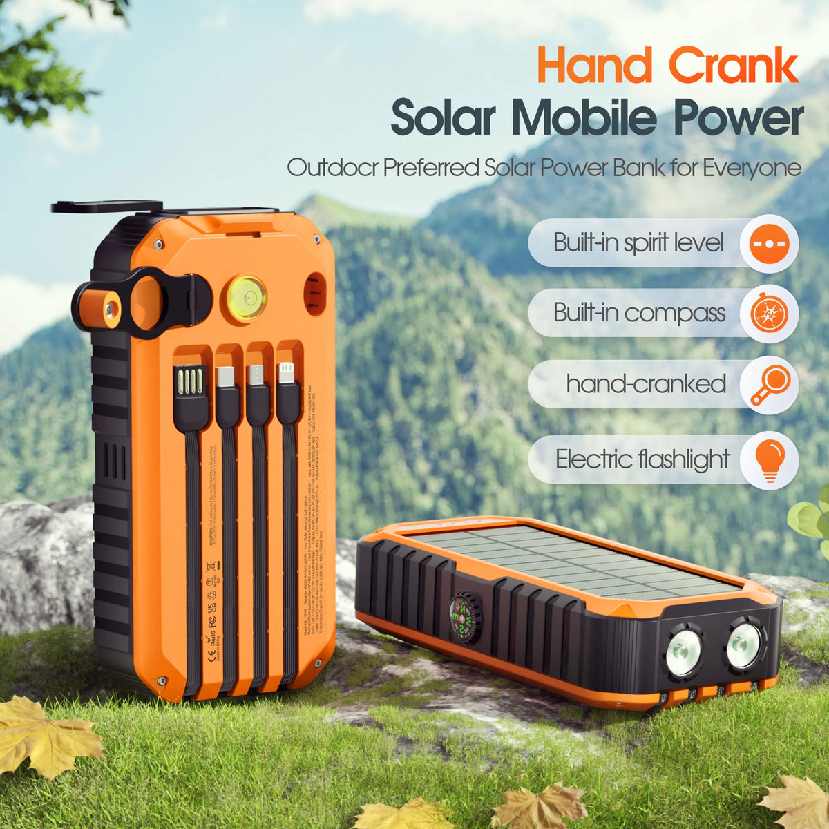 40,000mAh Solar Power Bank with Hand Crank, Built-in 4 Cables, Compass & Level, LED Flashlight - Portable Charger for Camping