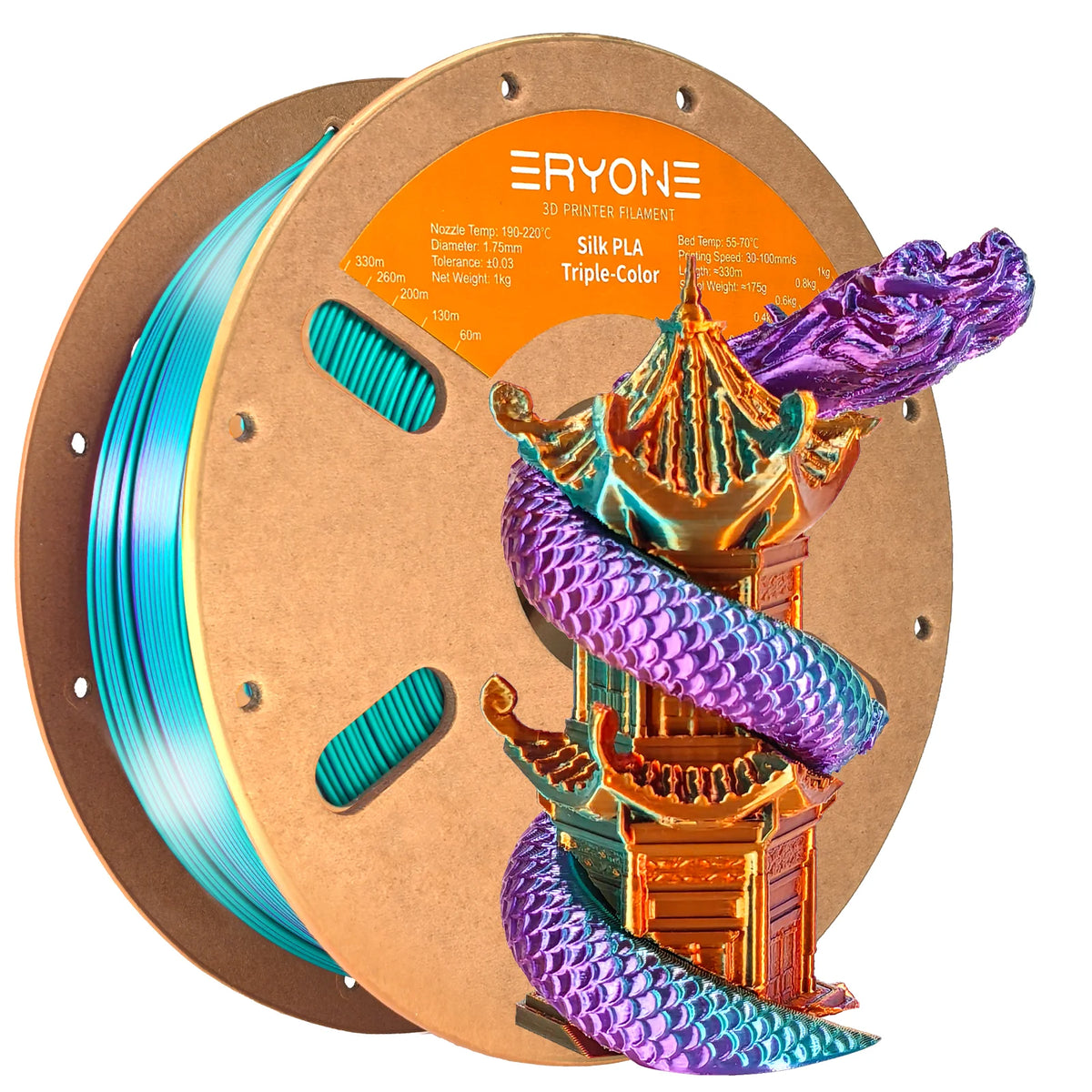 ERYONE 1KG Silk Triple Color Series PLA 3D Printer Filament 1.75mm, Tri-Color Coextrusion Silky Shiny Finish, 1kg Spool