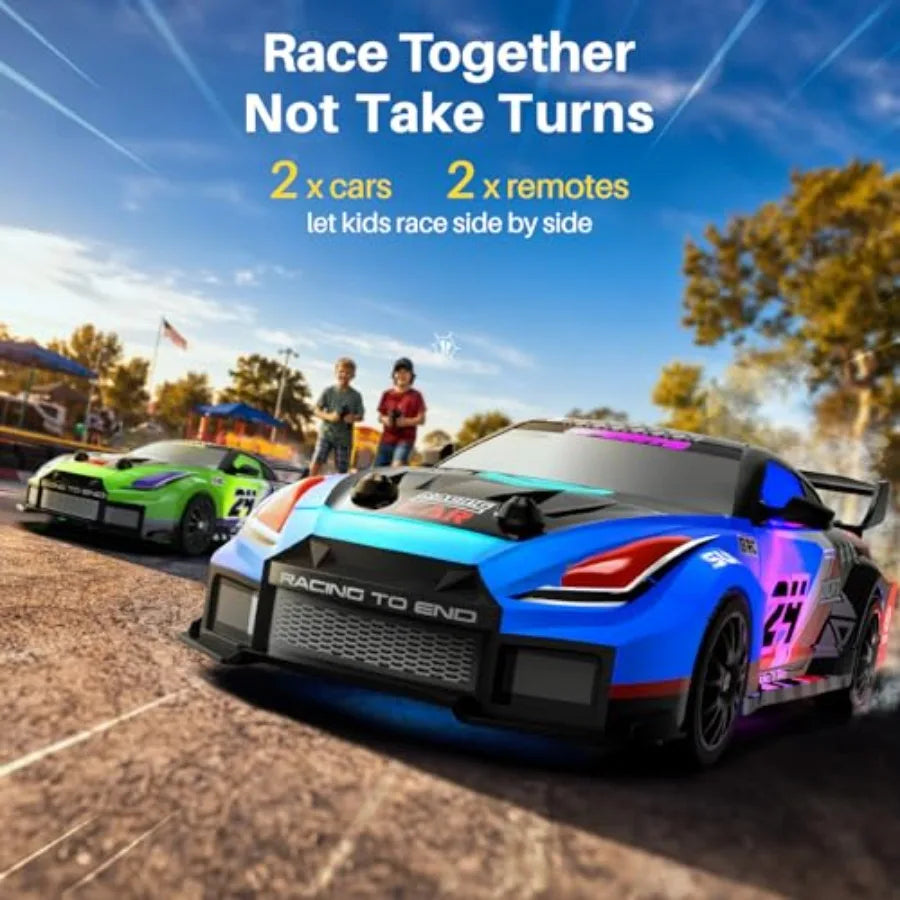 2 Pack RC Drift Cars, 1:24 Remote Control Car Set, Up to 70 Mins Per Car, LED Lights, Mini Track Barriers and Challenge Cards,