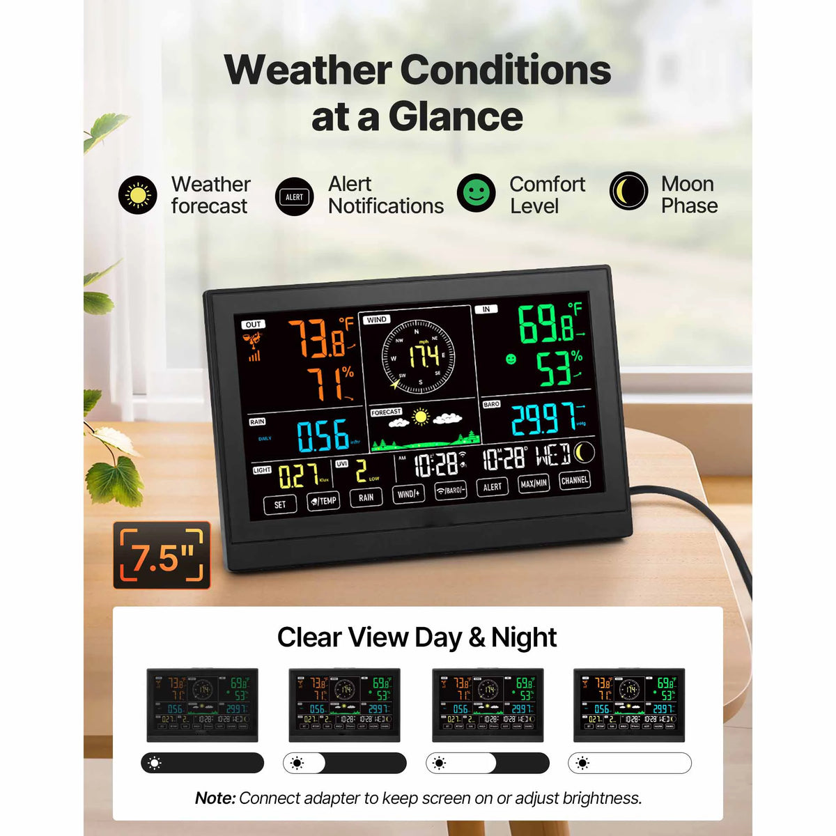 SucceBuy 7-in-1 Wi-Fi Weather Station & APP Control, 7.5-Inch VA Display Solar Powered Sensor, Indoor & Outdoor Weather Forecast