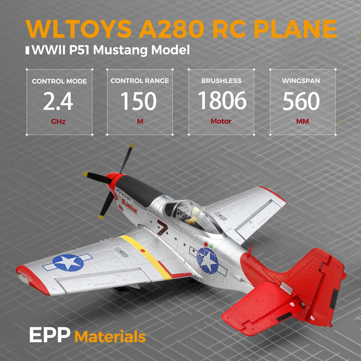 WLtoys XK A280 RC Plane, 4-CH P51 Mustang RC Airplane with Lights, 6G/3D Brushless Remote Control Airplane, Suitable for Adults