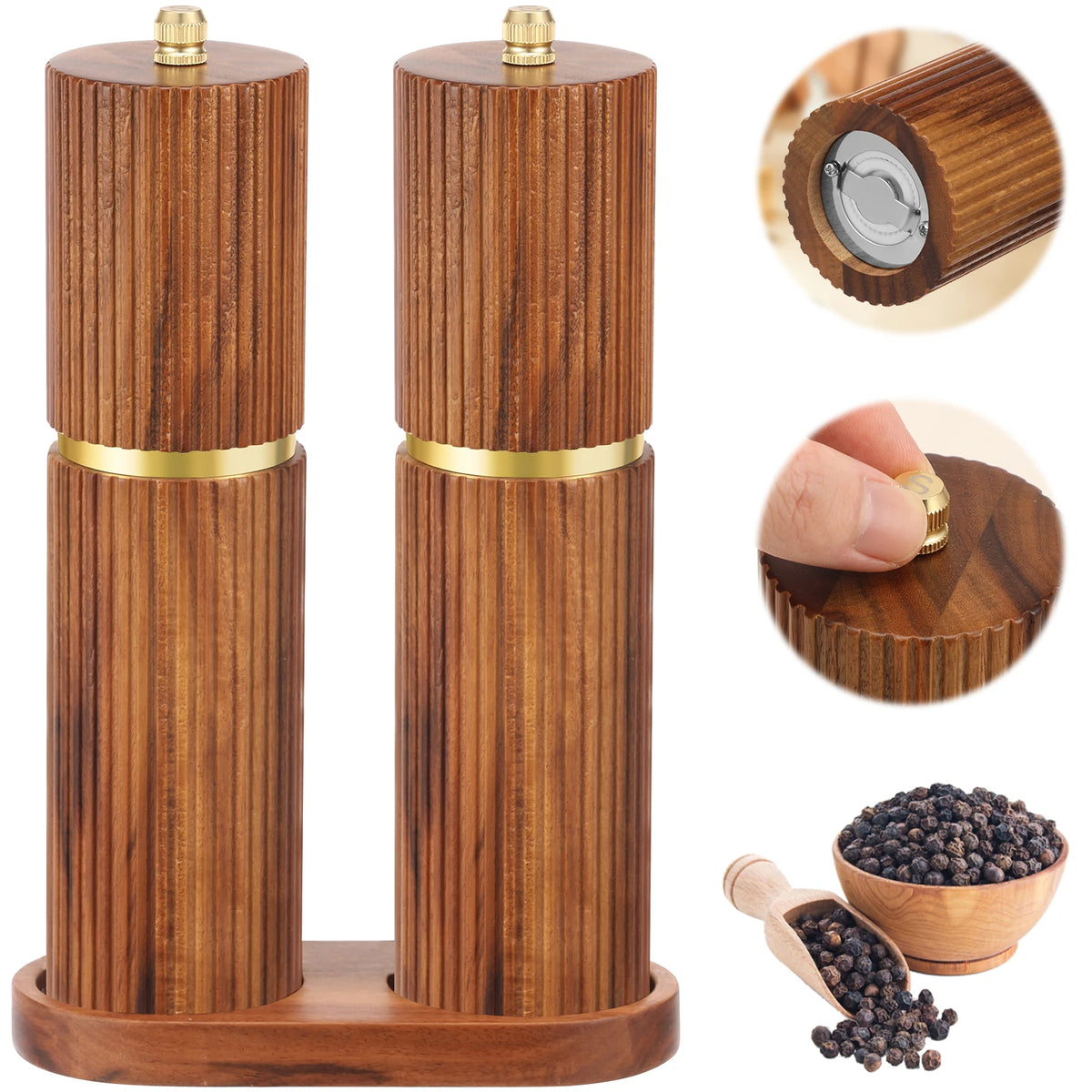 Salt and Pepper Grinder Set Wooden Manual Salt Pepper Grinder with Tray Adjustable Coarseness Pepper Mill Set for Kitchen Gadget