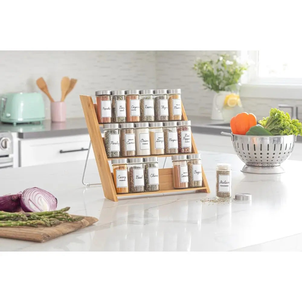 18 Jar Bamboo Compact Spice Rack with Spices Included & 5-Year Free Spice Refill Program Countertop or Kitchen Drawer with Glass