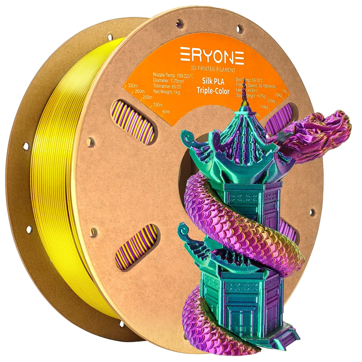 ERYONE 1KG Silk Triple Color Series PLA 3D Printer Filament 1.75mm, Tri-Color Coextrusion Silky Shiny Finish, 1kg Spool