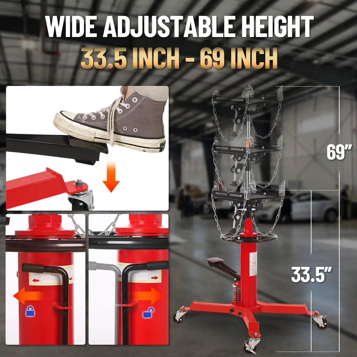 Hydraulic Transmission Jack 1322 LBS Capacity 2-Stage Telescoping Lift 33.5 in-69 in | Trans Jack Stand with Dual Plunger, 8 mm Non-Slip Pad, Foot Pedal & Swivel Wheels