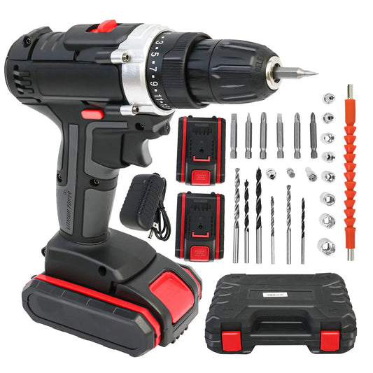 Cordless Drill Impact Driver 21V with 2 Batteries Lithium-Ion and Charger for Drilling Screw Tightening/Loosening Power Tool