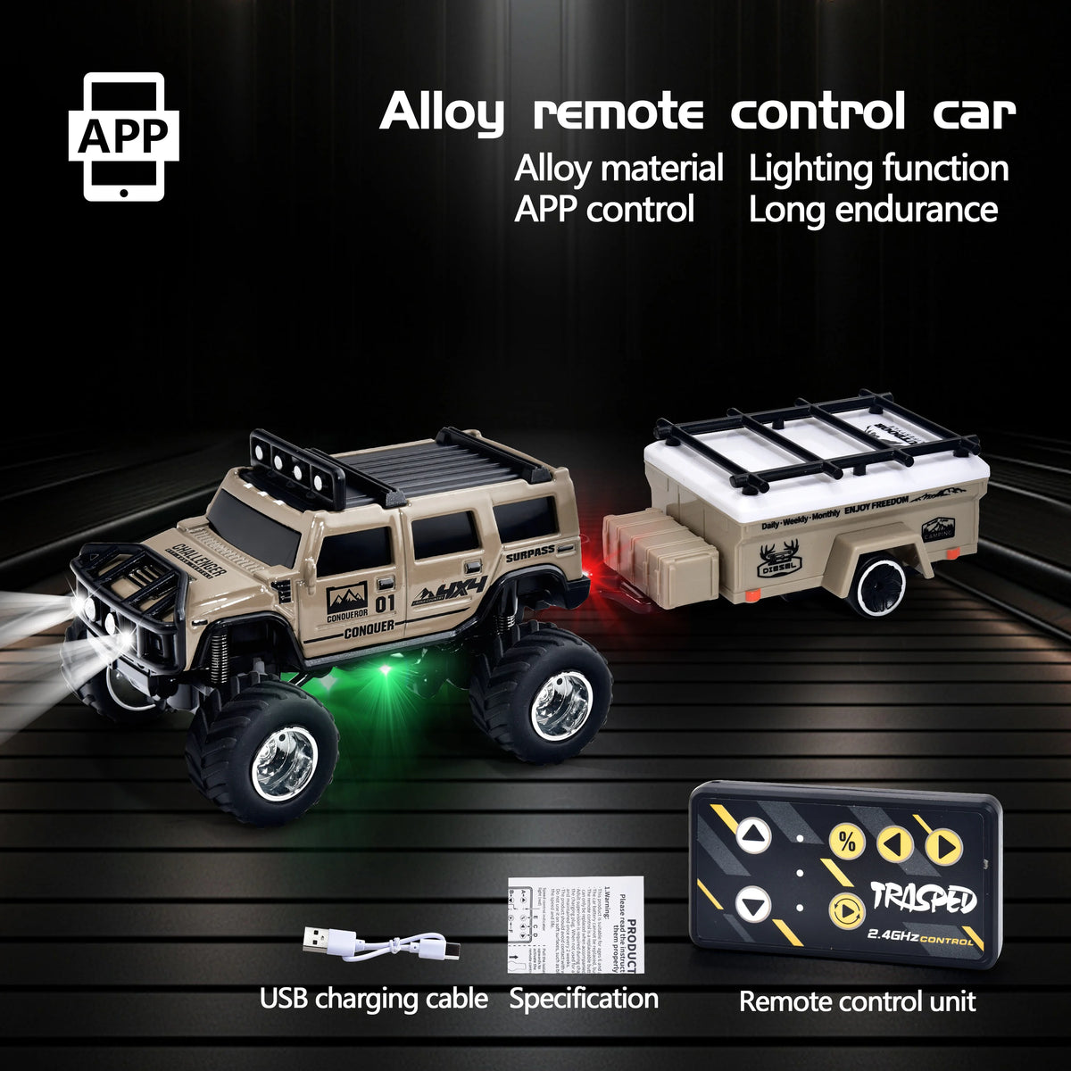 Hotfree 1/64 Mini RC Monster Truck, Metal Off-Road Stomper with Trailer, 2.4GHz Remote Control All-Terrain Vehicle, 3-Speed Adjustable, USB-C Rechargeable, Desktop Play, Indoor Outdoor Racing Toy, Fun Birthday Christmas Gift