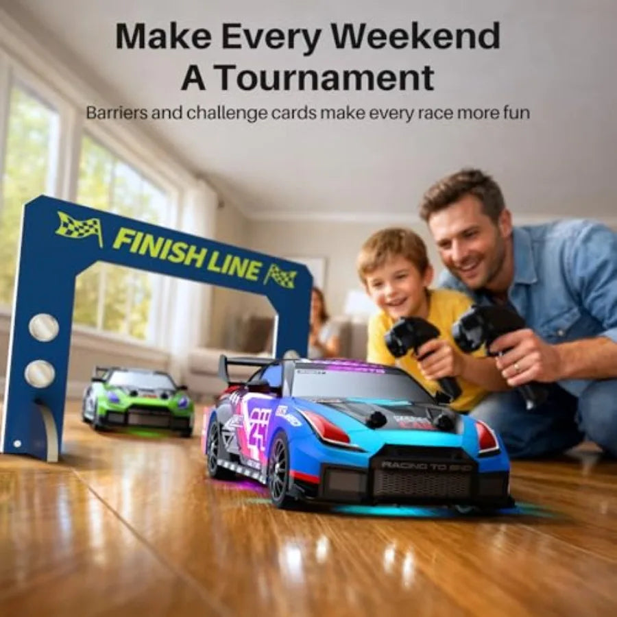 2 Pack RC Drift Cars, 1:24 Remote Control Car Set, Up to 70 Mins Per Car, LED Lights, Mini Track Barriers and Challenge Cards,