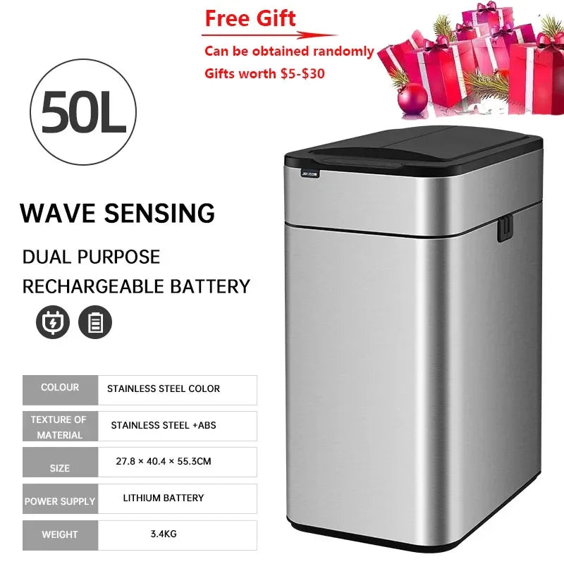9/15/20/30/40/50/60L Garbage Bin Large-capacity Stainless Steel Smart Sensor Trash Can Automatic Waste Bins Kitchen Trash Can