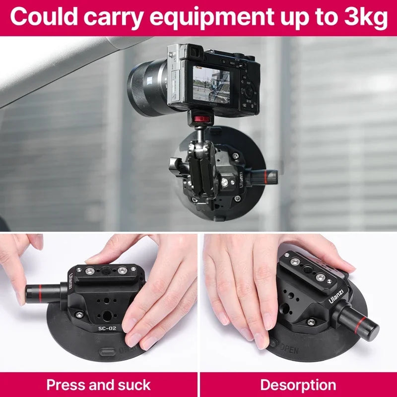Ulanzi Car Phone Action Camera Holder Hand Pump Suction Cup 360° Adjustable 1/4" for GoPro for Insta360 DJI Action Smart Phone
