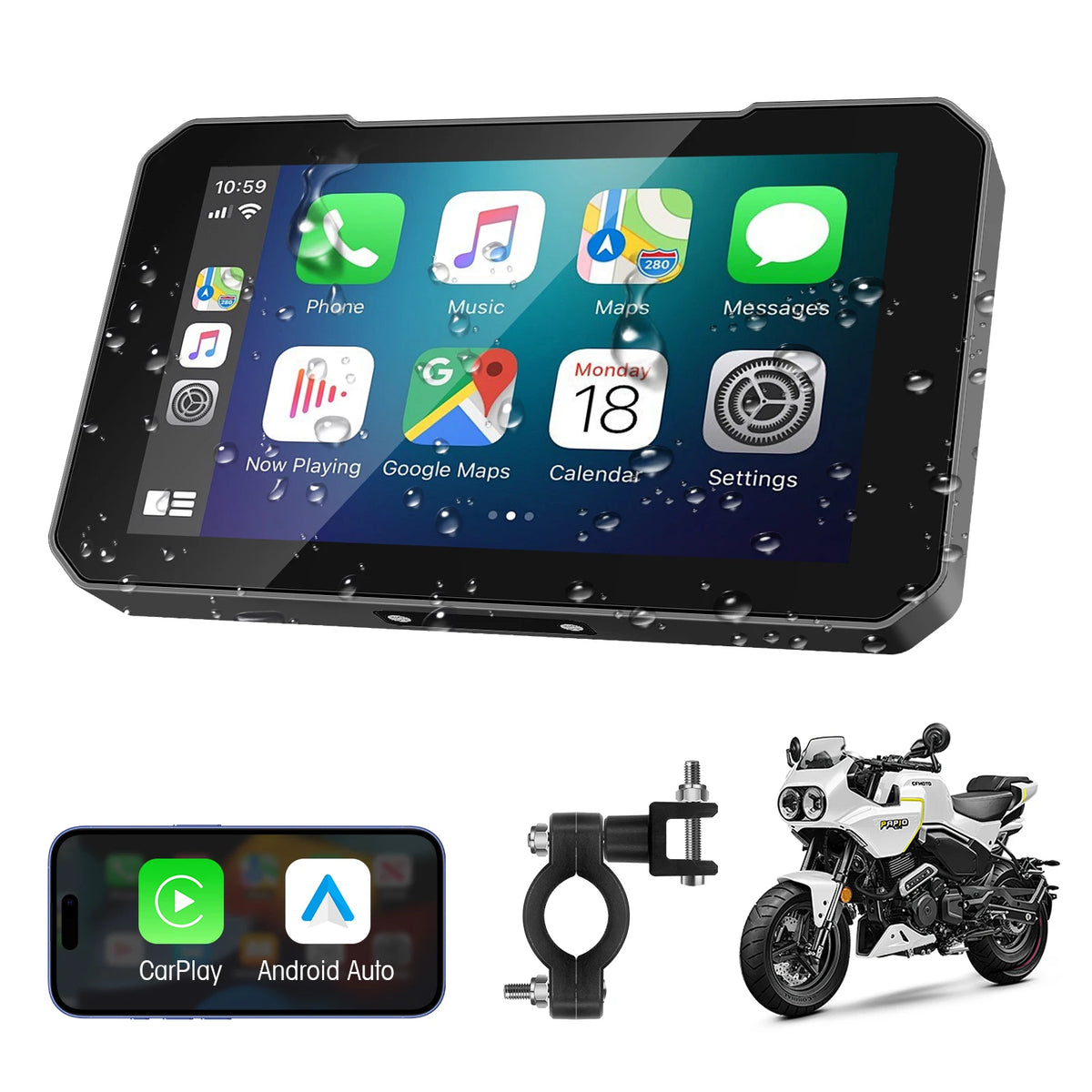 5 Inch Touch Screen Motorcycle CarPlay Screen Support Wireless CarPlay and Android Auto IP67 Waterproof