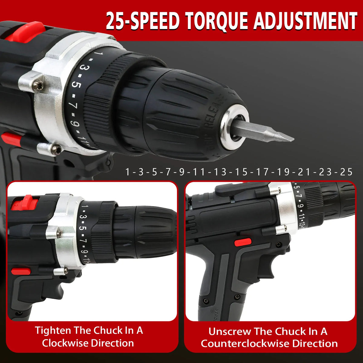 Cordless Drill Impact Driver 21V with 2 Batteries Lithium-Ion and Charger for Drilling Screw Tightening/Loosening Power Tool