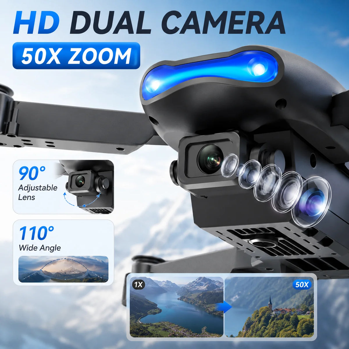 Foldable RC Drone 4K HD Dual Camera 90° Adjustable 120° Wide Angle 50X Zoom Altitude Hold 2.4G 100M Remote FPV Quadcopter