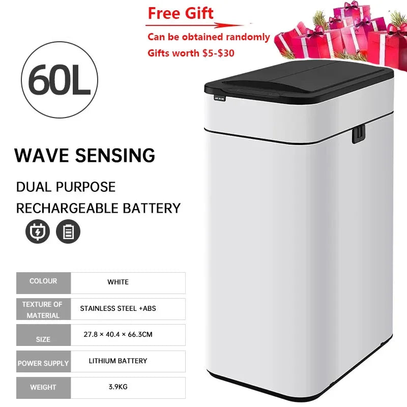 9/15/20/30/40/50/60L Garbage Bin Large-capacity Stainless Steel Smart Sensor Trash Can Automatic Waste Bins Kitchen Trash Can