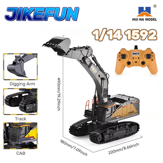 HUINA 1592 RC Excavator 22CH 1/14 Semi-Alloy Remote Control Engineering Crawler Tractor 2.4G Electric Excavator Toys for Kids