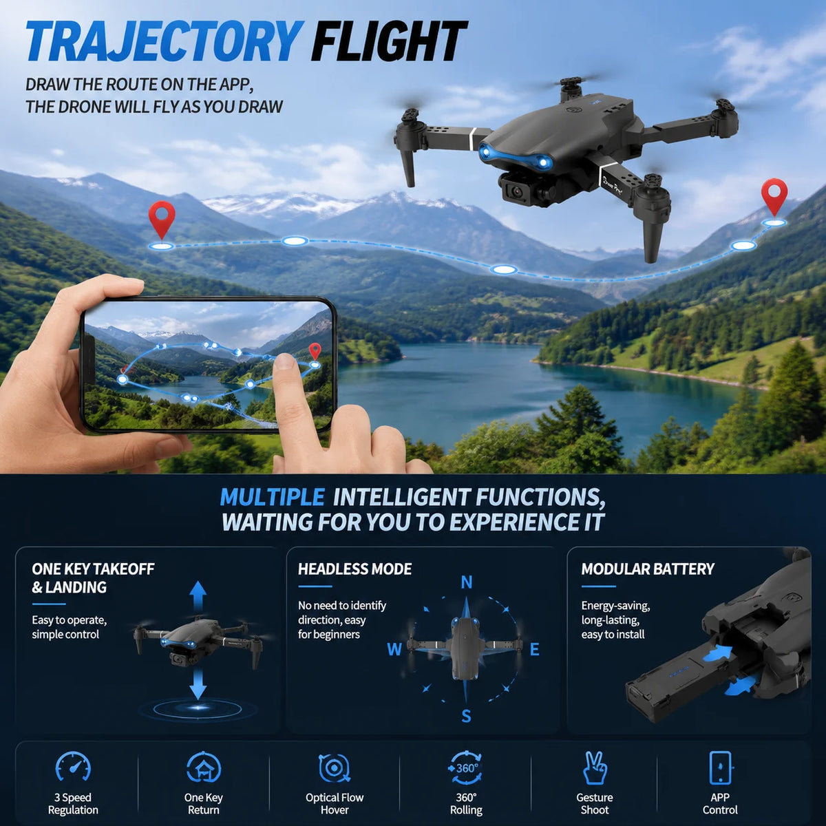 Foldable RC Drone 4K HD Dual Camera 90° Adjustable 120° Wide Angle 50X Zoom Altitude Hold 2.4G 100M Remote FPV Quadcopter