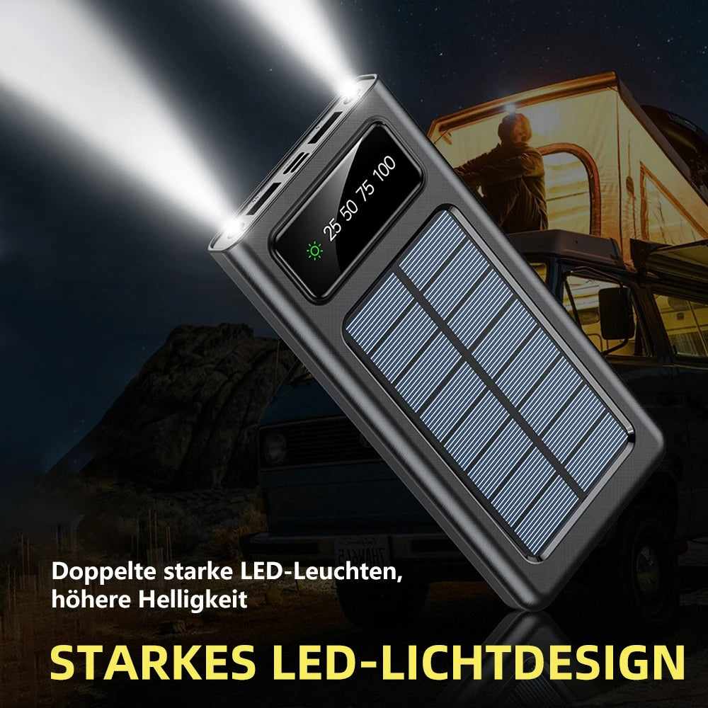 Solar Charger Power Bank Portable External Battery Waterproof USB Built In 3 Charging Cables Dual LED Flashlight Digital Display Multi Port Outdoor Camping Travel Emergency Phone Charger