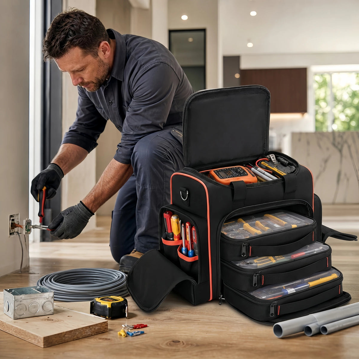 `16 Inch Rolling Tool Bag with Wheels, 33L Waterproof Tool Tote with Extendable Handle for Electrician Carpenter Mechanic`