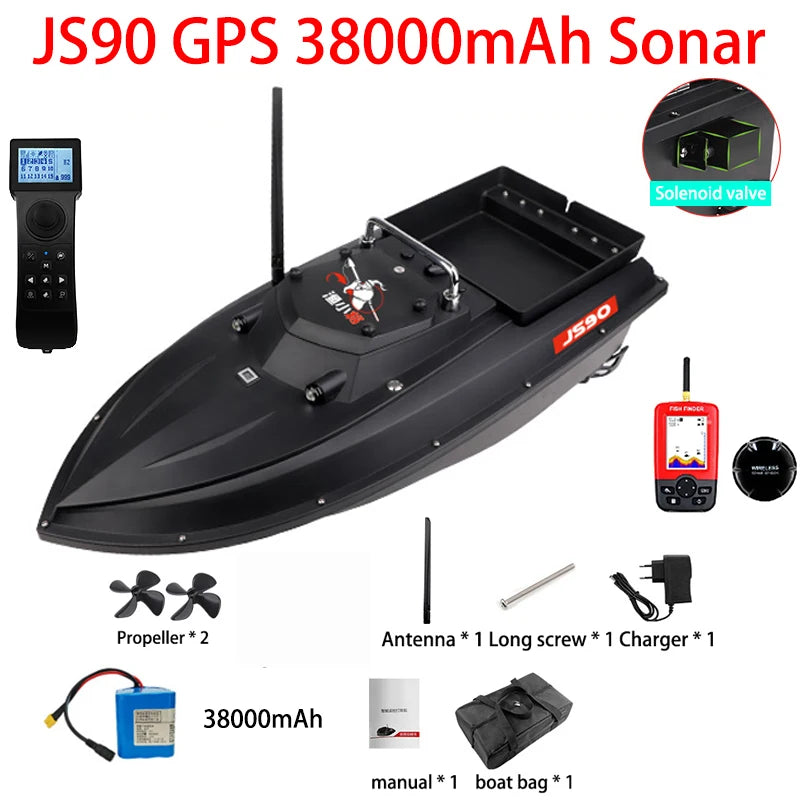 JS90 12V GPS Bait Boat 280m/1 Minute 100 Fishing Spots Load 3KG Automatic Cruise Return 3-speed Adjustment Night Fishing Boat