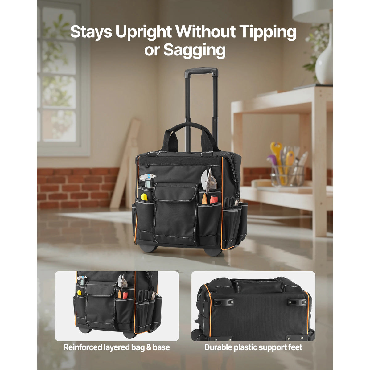 SucceBuy Rolling Tool Bag 110 lbs Load Capacity 25 Pockets Adjustable Handle & Stable Organizers with Wheels for Construction