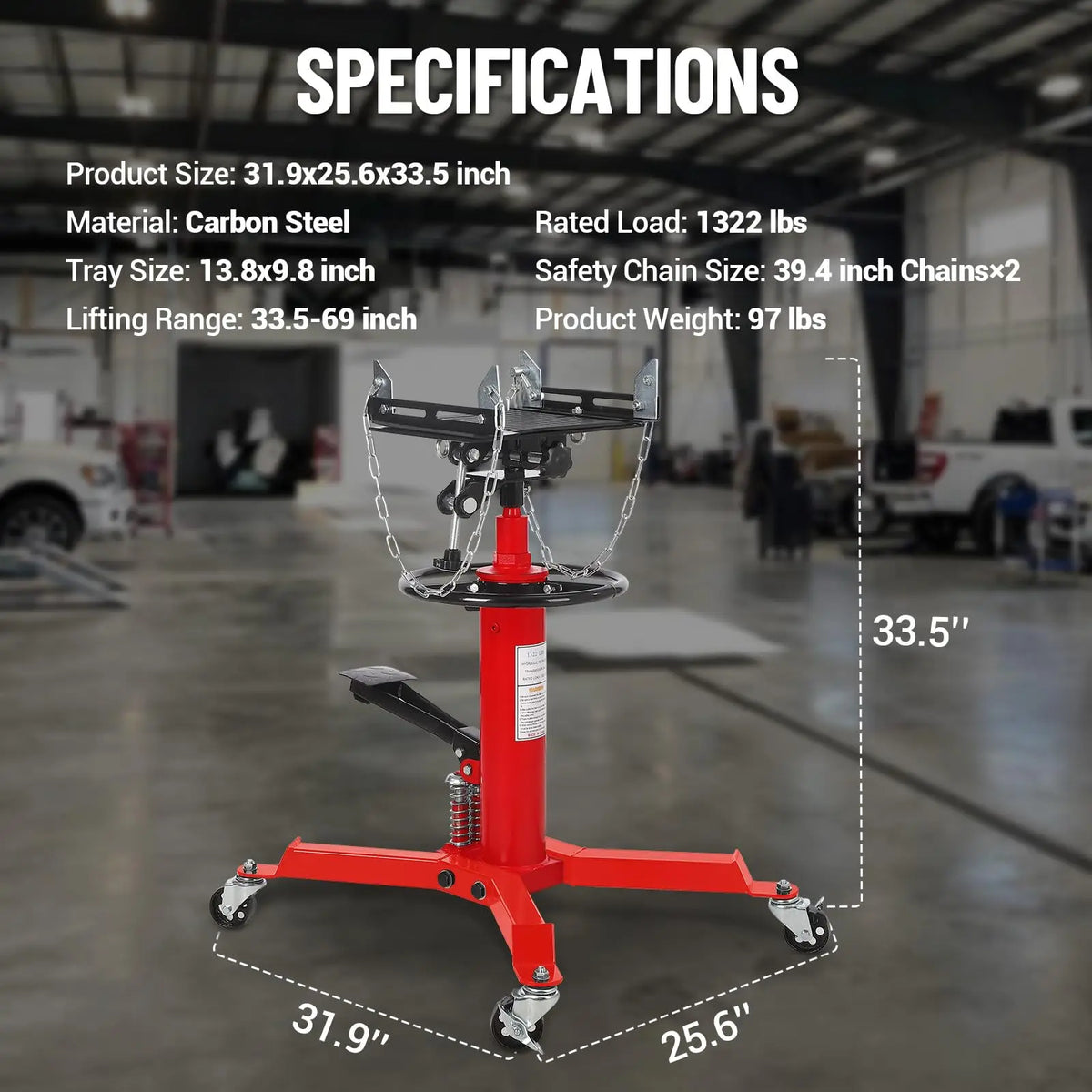 Hydraulic Transmission Jack 1322 LBS Capacity 2-Stage Telescoping Lift 33.5 in-69 in | Trans Jack Stand with Dual Plunger, 8 mm Non-Slip Pad, Foot Pedal & Swivel Wheels