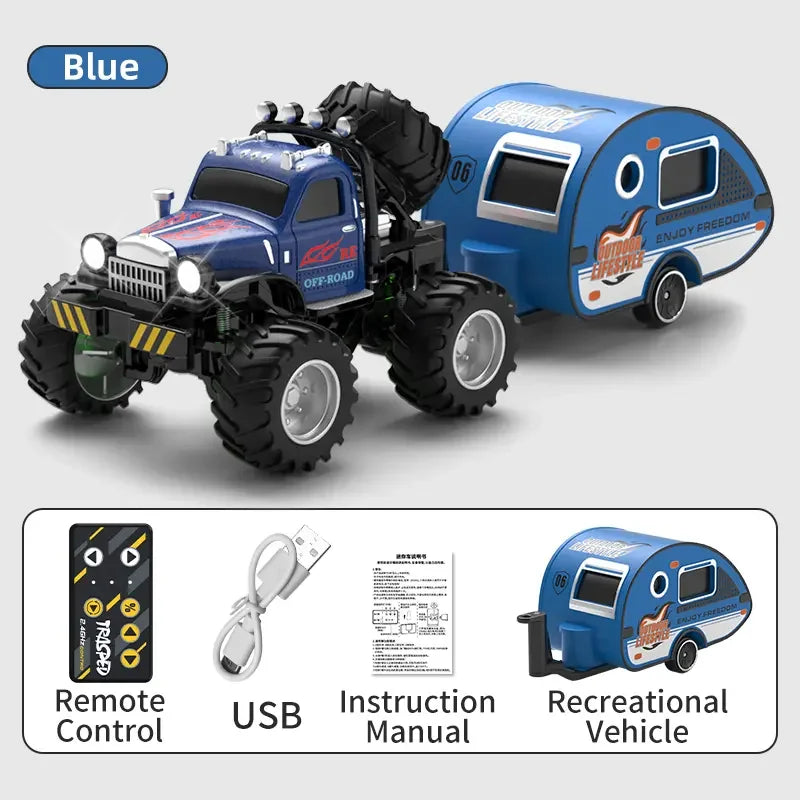 Hotfree 1/64 Mini RC Monster Truck, Metal Off-Road Stomper with Trailer, 2.4GHz Remote Control All-Terrain Vehicle, 3-Speed Adjustable, USB-C Rechargeable, Desktop Play, Indoor Outdoor Racing Toy, Fun Birthday Christmas Gift