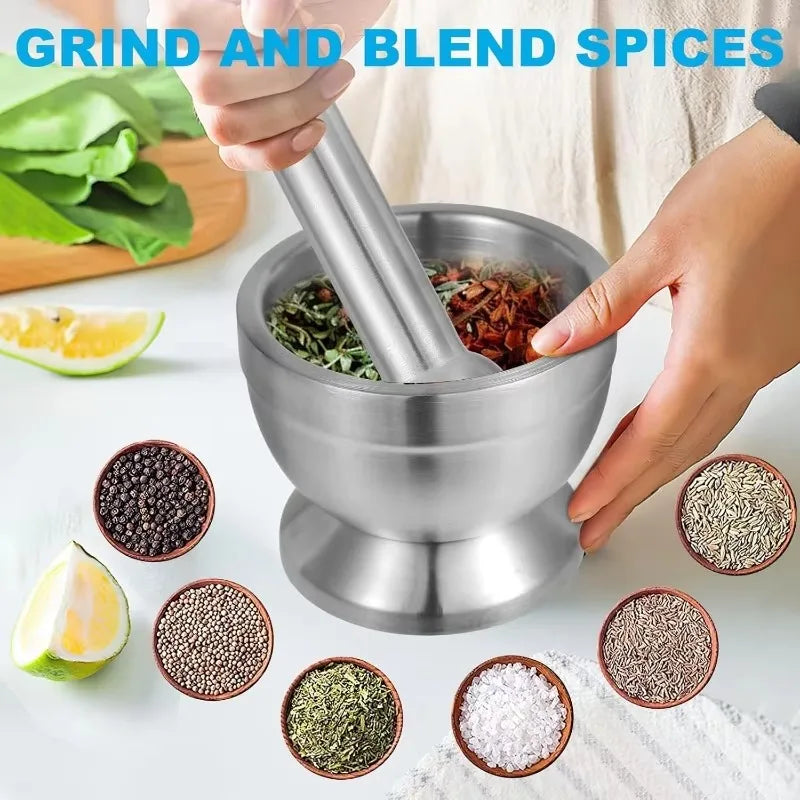 1Pc 18/8 (304) Stainless Steel Mortar and Pestle Set, Mortar and Pestle with Non-Slip Base for Spice Grinder, Pesto Maker for Kitchen