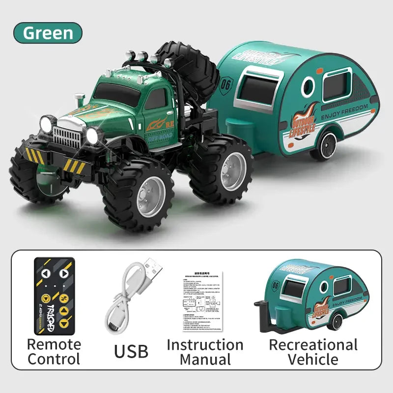 Hotfree 1/64 Mini RC Monster Truck, Metal Off-Road Stomper with Trailer, 2.4GHz Remote Control All-Terrain Vehicle, 3-Speed Adjustable, USB-C Rechargeable, Desktop Play, Indoor Outdoor Racing Toy, Fun Birthday Christmas Gift