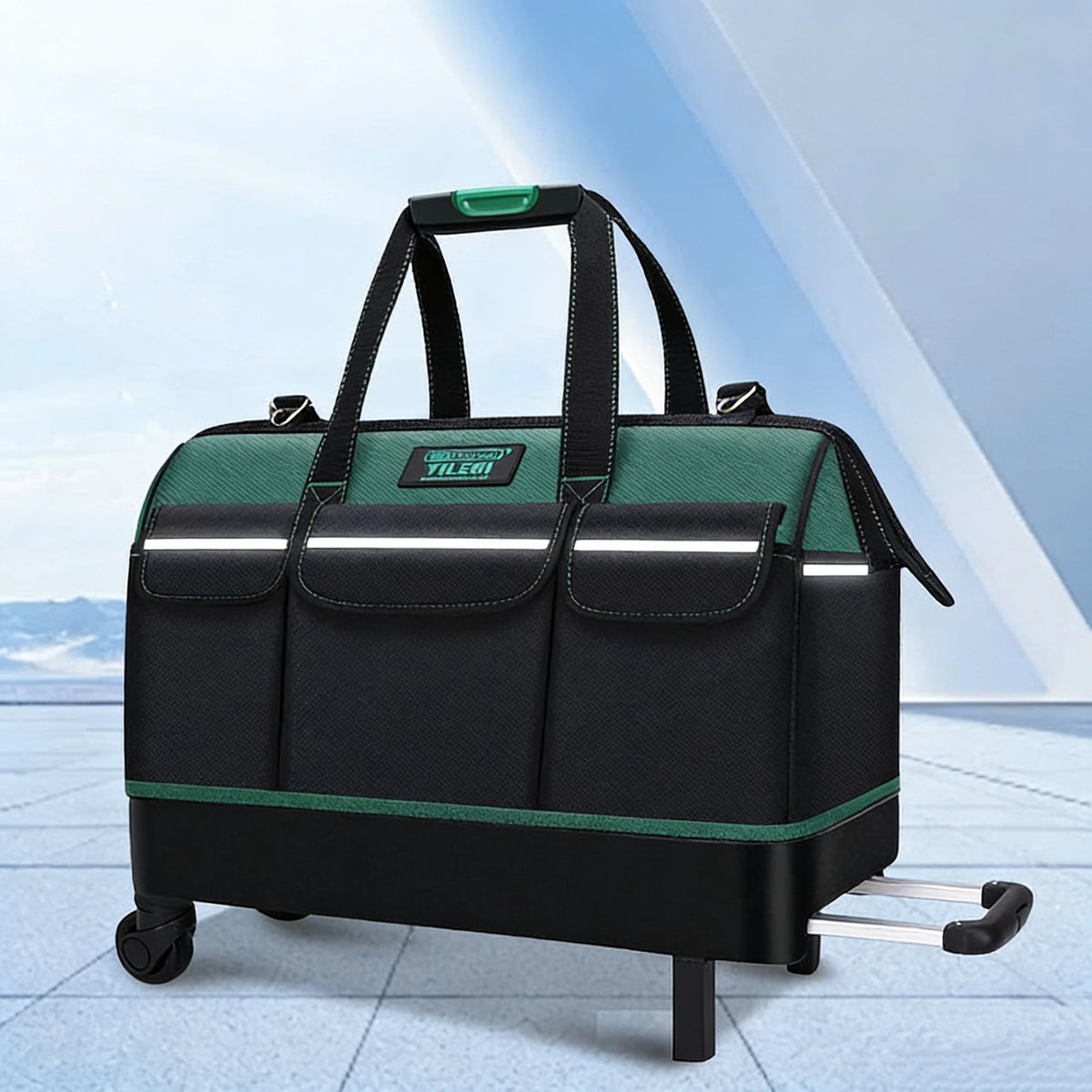 One-Piece Red and Green 20-Inch 51X46X 23cm Electrician's Tool Bag, Oxford Cloth Tool Box, Tool Pouch, Woodworking Storage Bag with Plastic Bottom, with Adjustable Shoulder Strap