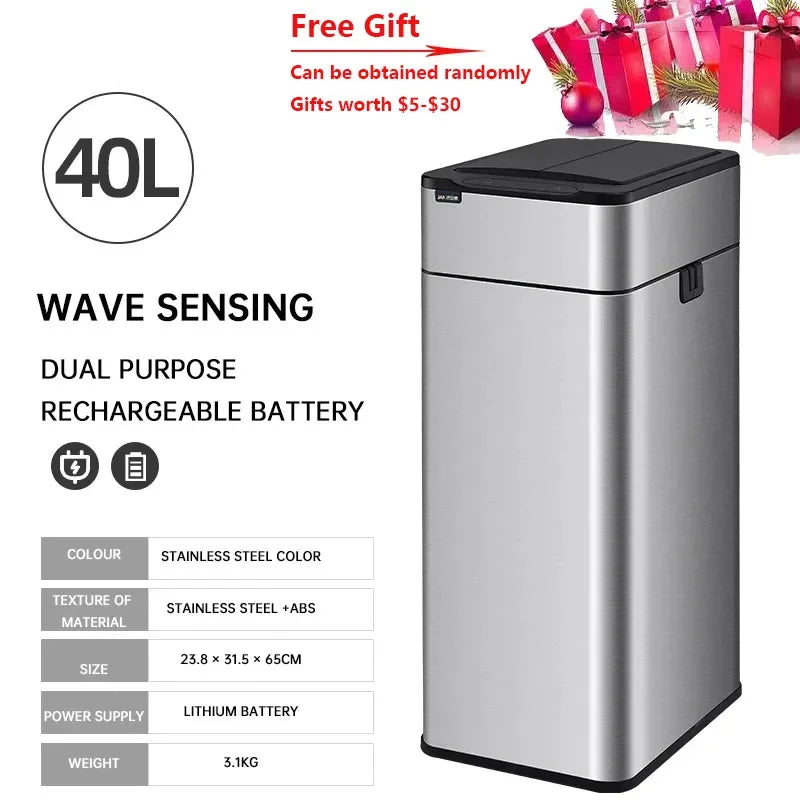 9/15/20/30/40/50/60L Garbage Bin Large-capacity Stainless Steel Smart Sensor Trash Can Automatic Waste Bins Kitchen Trash Can