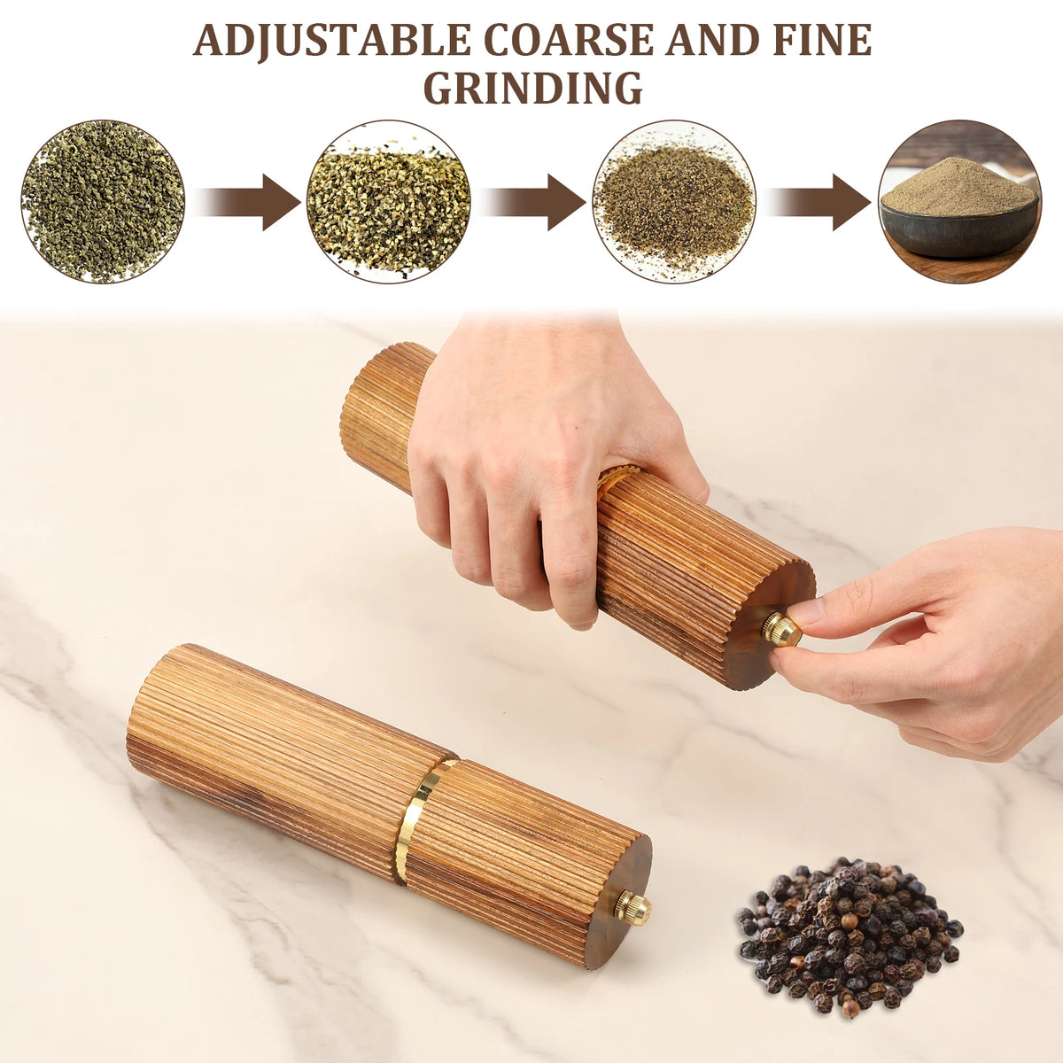 Salt and Pepper Grinder Set Wooden Manual Salt Pepper Grinder with Tray Adjustable Coarseness Pepper Mill Set for Kitchen Gadget