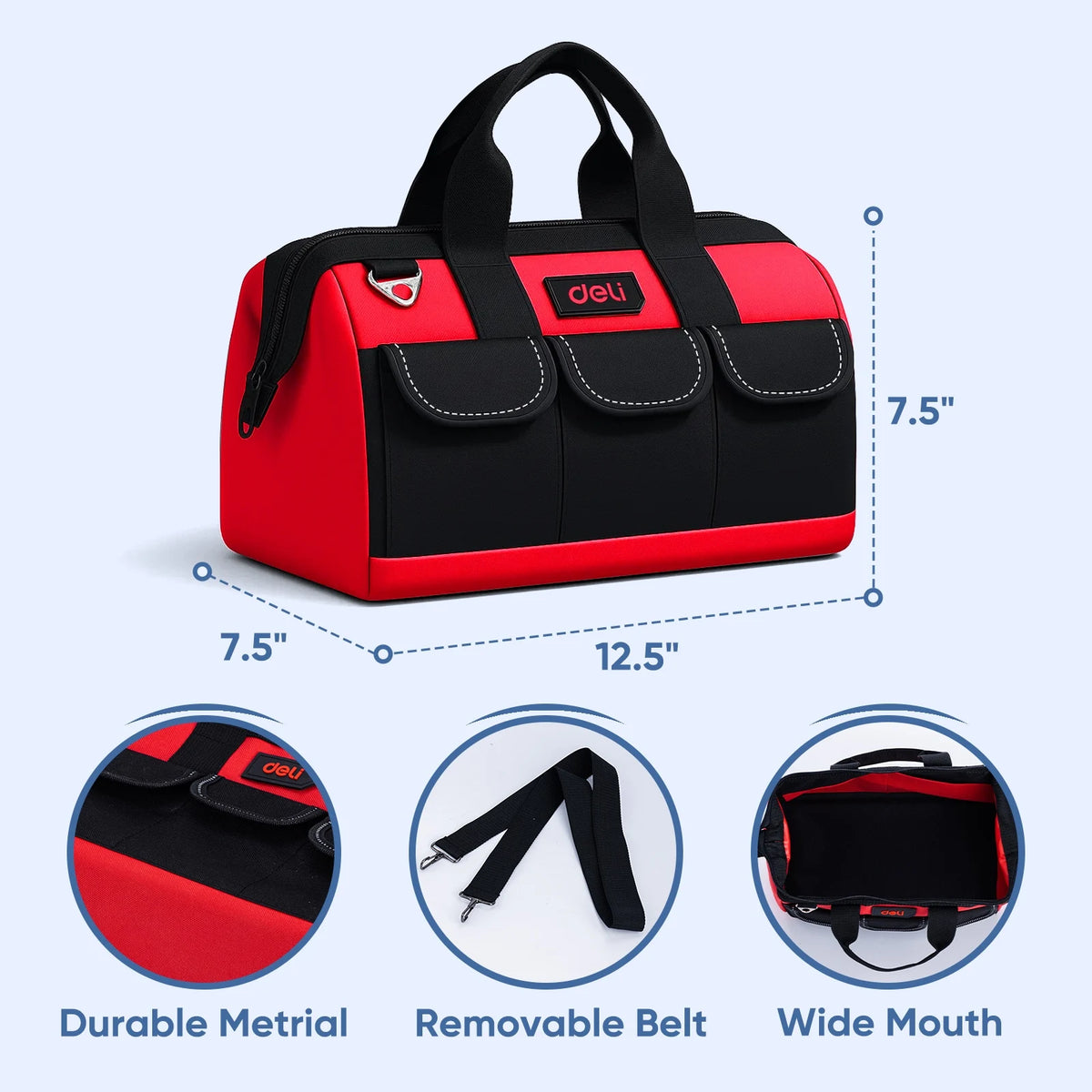 Deli 13 Inch Tool Bag Oxford Cloth Waterproof Double Sided Pockets with Shoulder Strap for Mechanics HVAC Engineers