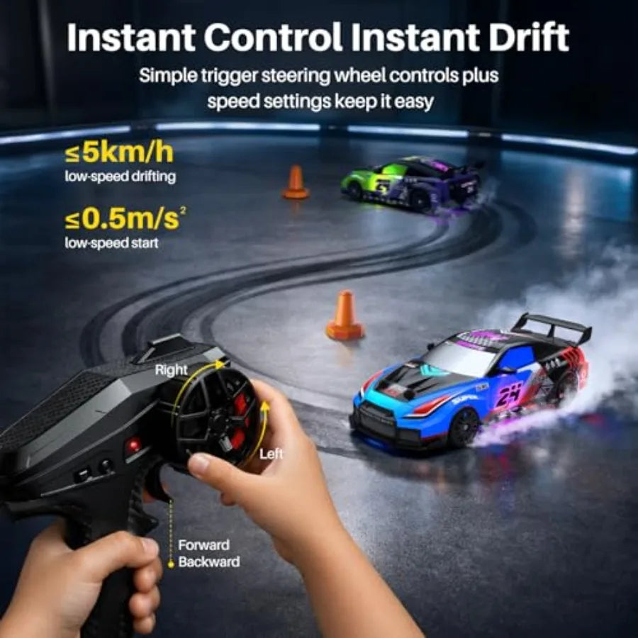 2 Pack RC Drift Cars, 1:24 Remote Control Car Set, Up to 70 Mins Per Car, LED Lights, Mini Track Barriers and Challenge Cards,