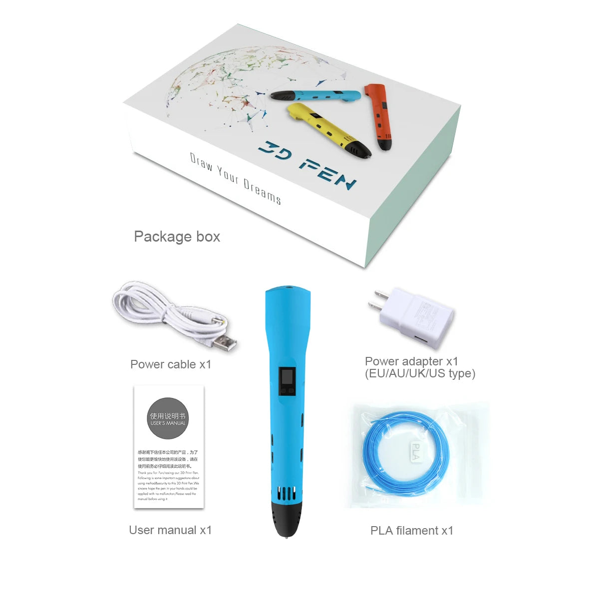 QCREATE 3D Pen Supports ABS PLA HIPS PVA 60-245 Degrees Celsius Range Temperature Adjustable LCD Display 8-Speed Regulation