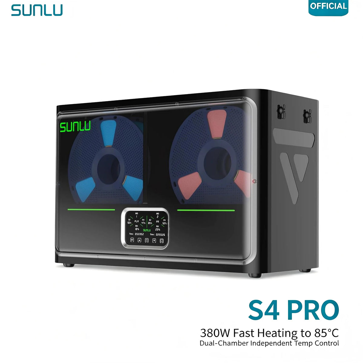SUNLU S4 Pro Dual Chamber Filament Dryer 45-85℃ Independent Heat Annealing Auto Humidity 4 Spools for ABS PLA PETG PA Filament
