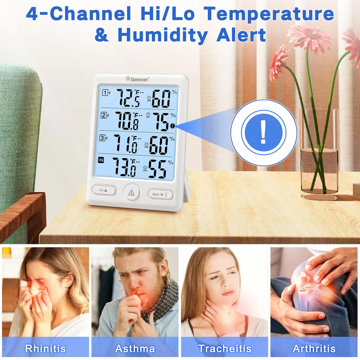 Geevon Indoor Outdoor Thermometer Wireless 3 Remote Sensors, 5-Inch Display Digital Hygrometer Thermometer Temperature Humidity