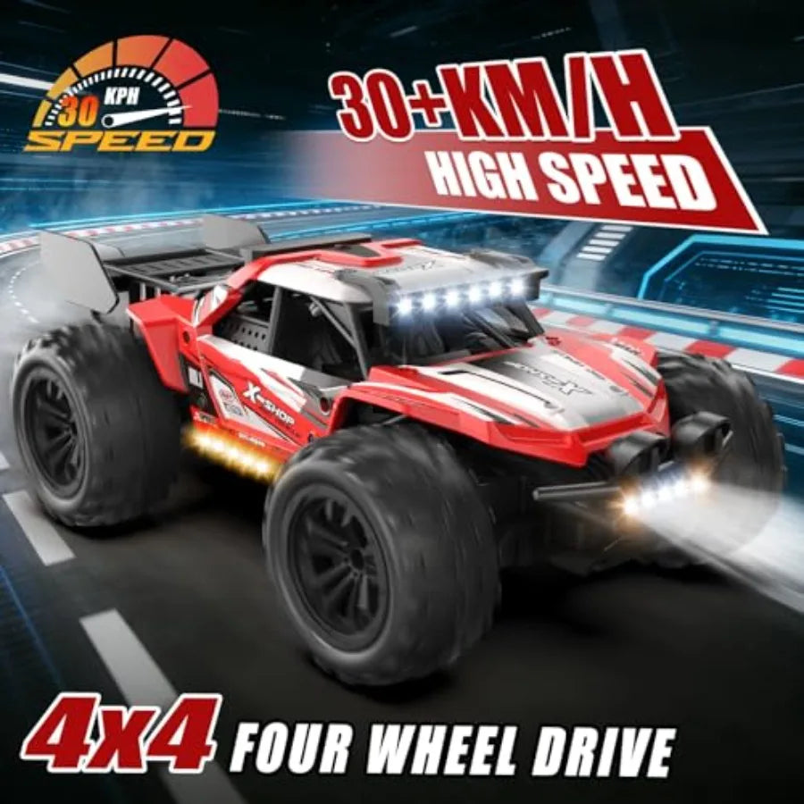 Remote Control Car For Outdoor Play, ABS Plastic, Red, 4WD High Speed 30+ KPH With 2.4GHz Control, LED Lights And Dual Recharge
