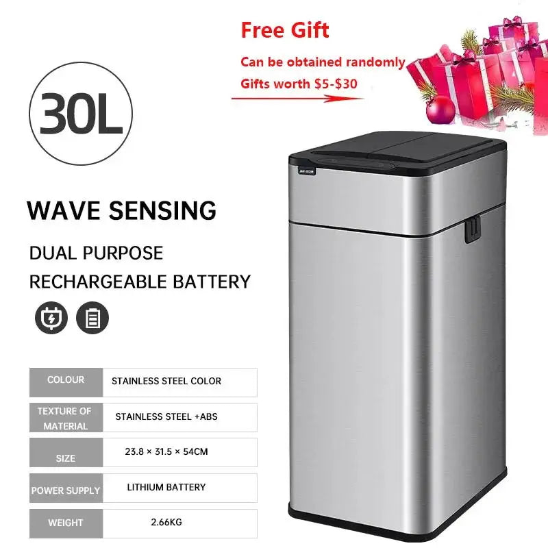 9/15/20/30/40/50/60L Garbage Bin Large-capacity Stainless Steel Smart Sensor Trash Can Automatic Waste Bins Kitchen Trash Can