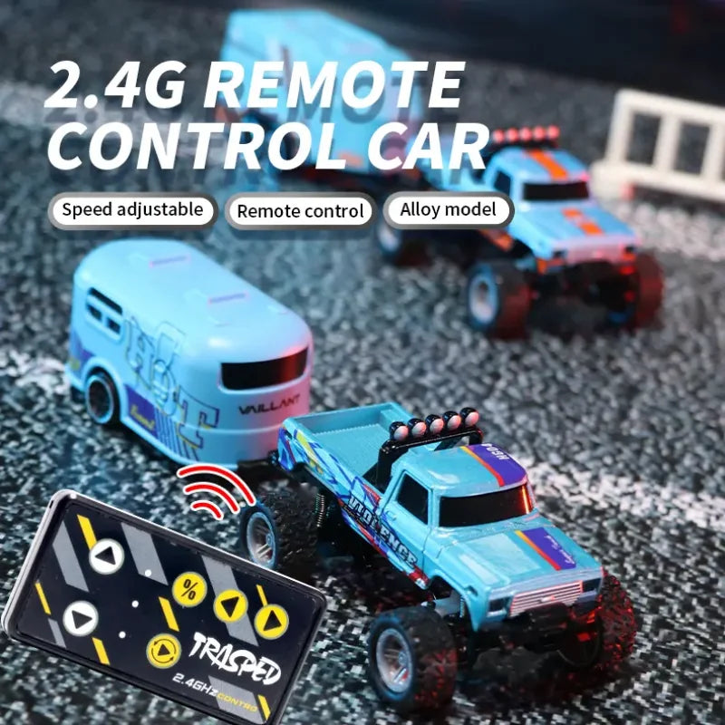 Hotfree 1/64 Mini RC Monster Truck, Metal Off-Road Stomper with Trailer, 2.4GHz Remote Control All-Terrain Vehicle, 3-Speed Adjustable, USB-C Rechargeable, Desktop Play, Indoor Outdoor Racing Toy, Fun Birthday Christmas Gift