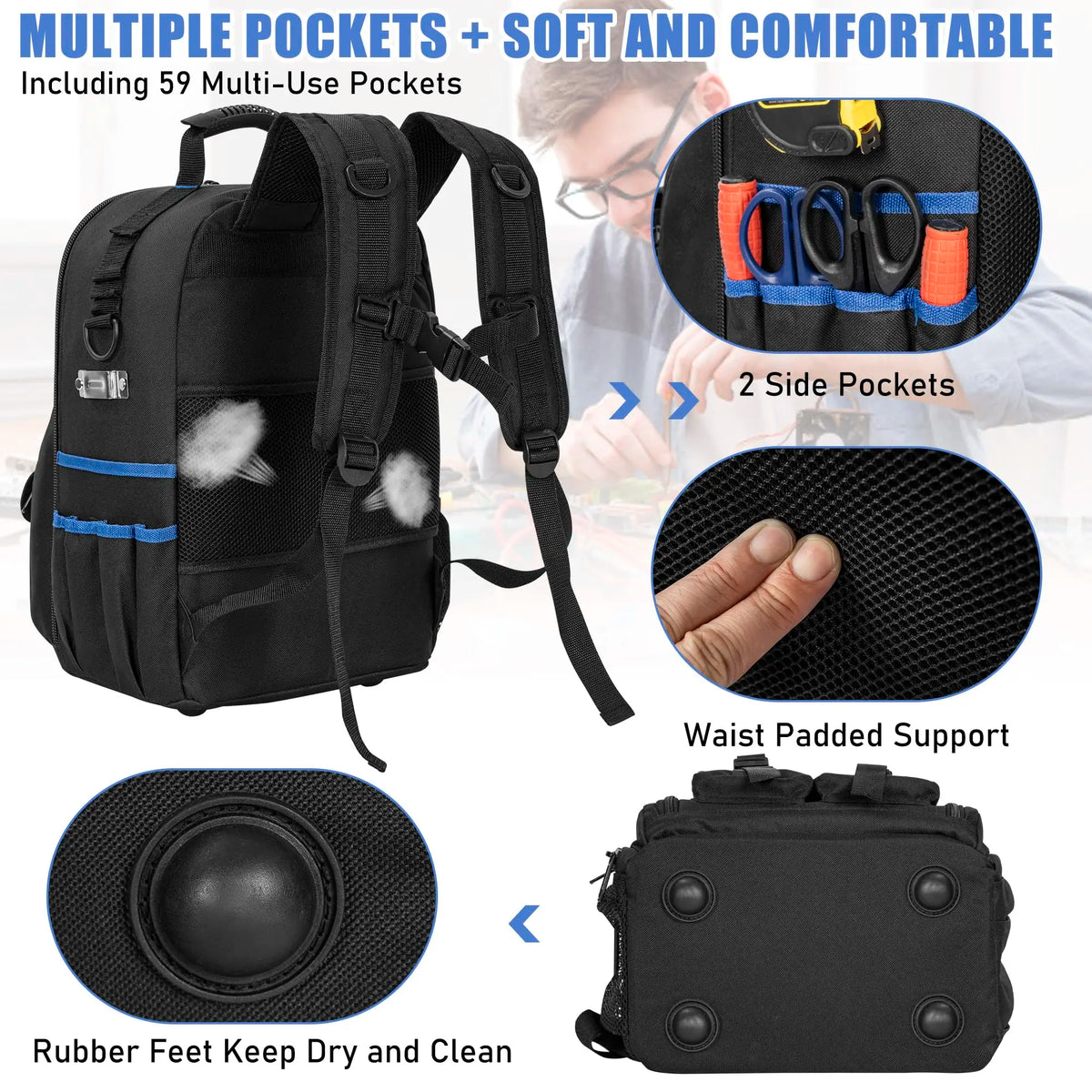 Heavy-Duty Zipper Tool Backpack with Premium YKK Zippers and Reinforced Stress Points.Crafted from Durable 900D Polyester with Padded Back Panel and Ergonomic Shoulder Straps.Internal Organizer Features 10 Tool Pouches and 6