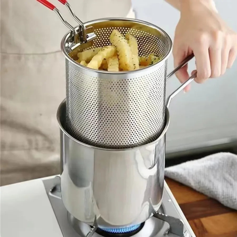 Home Kitchen Deep Fryer in Stainless Steel with Oil Strainer and Fry Basket, Perfect for Crispy Fries and Chicken Wings