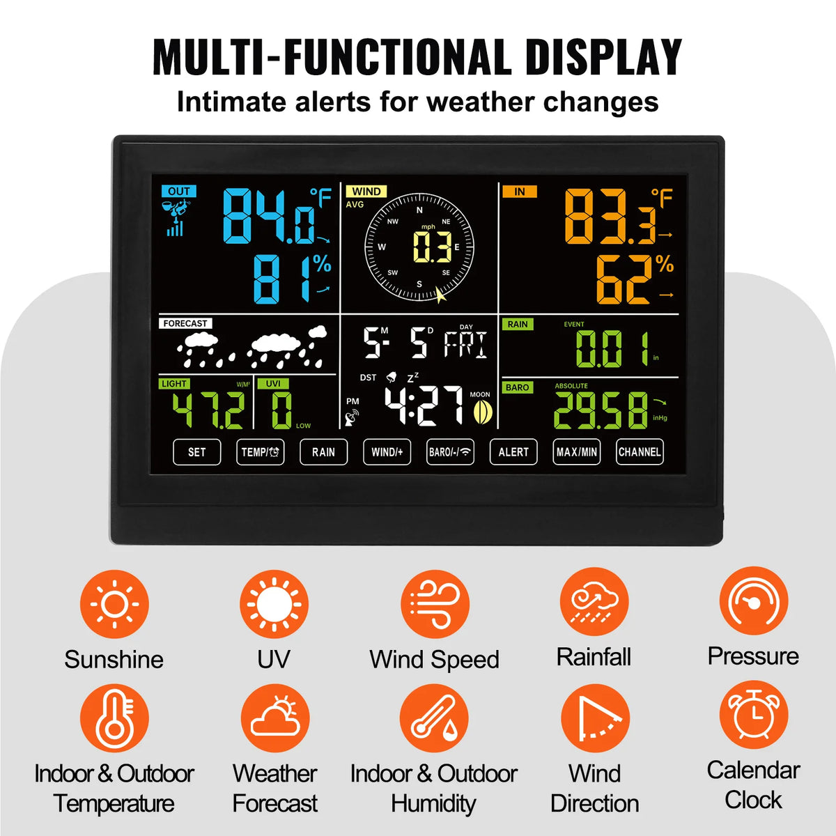 SucceBuy 7-in-1 Wireless Weather Station Home Weather Station 7.5in Large Color Display Digital for Forecast Data Alerts No-Wifi