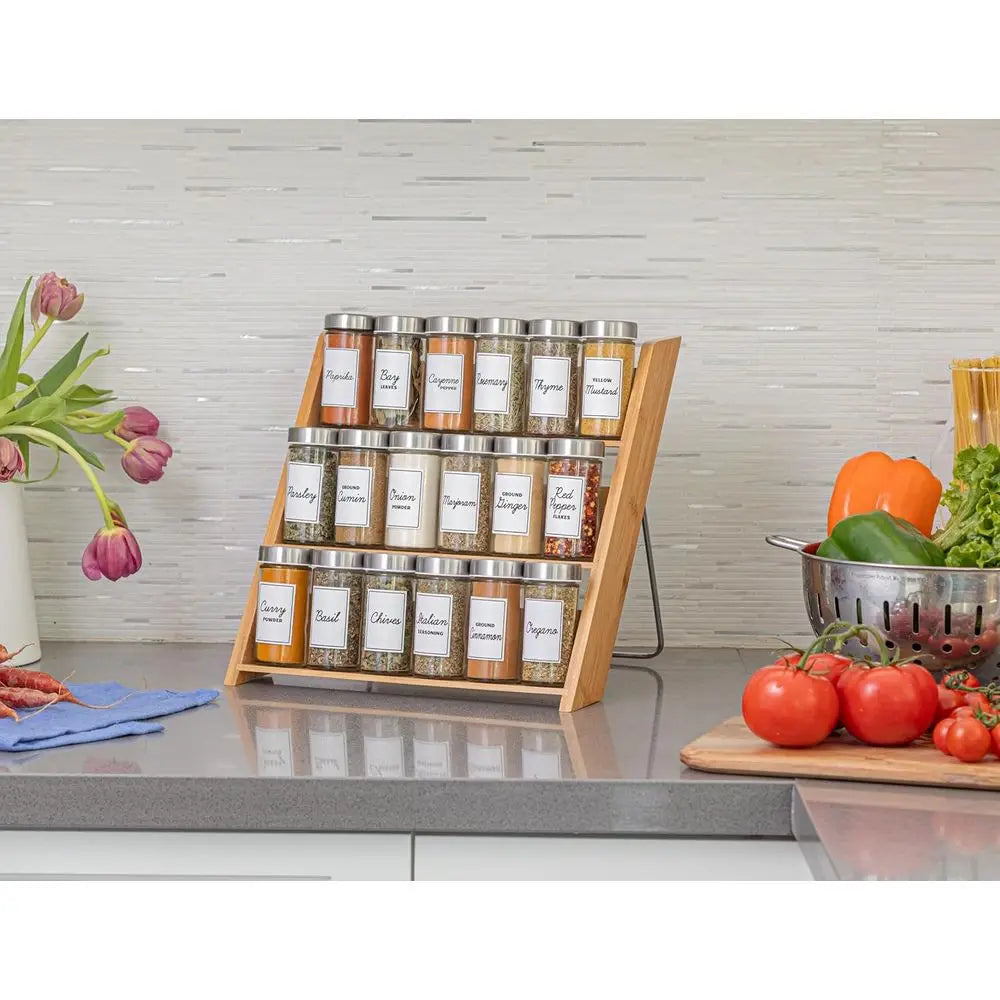 18 Jar Bamboo Compact Spice Rack with Spices Included & 5-Year Free Spice Refill Program Countertop or Kitchen Drawer with Glass