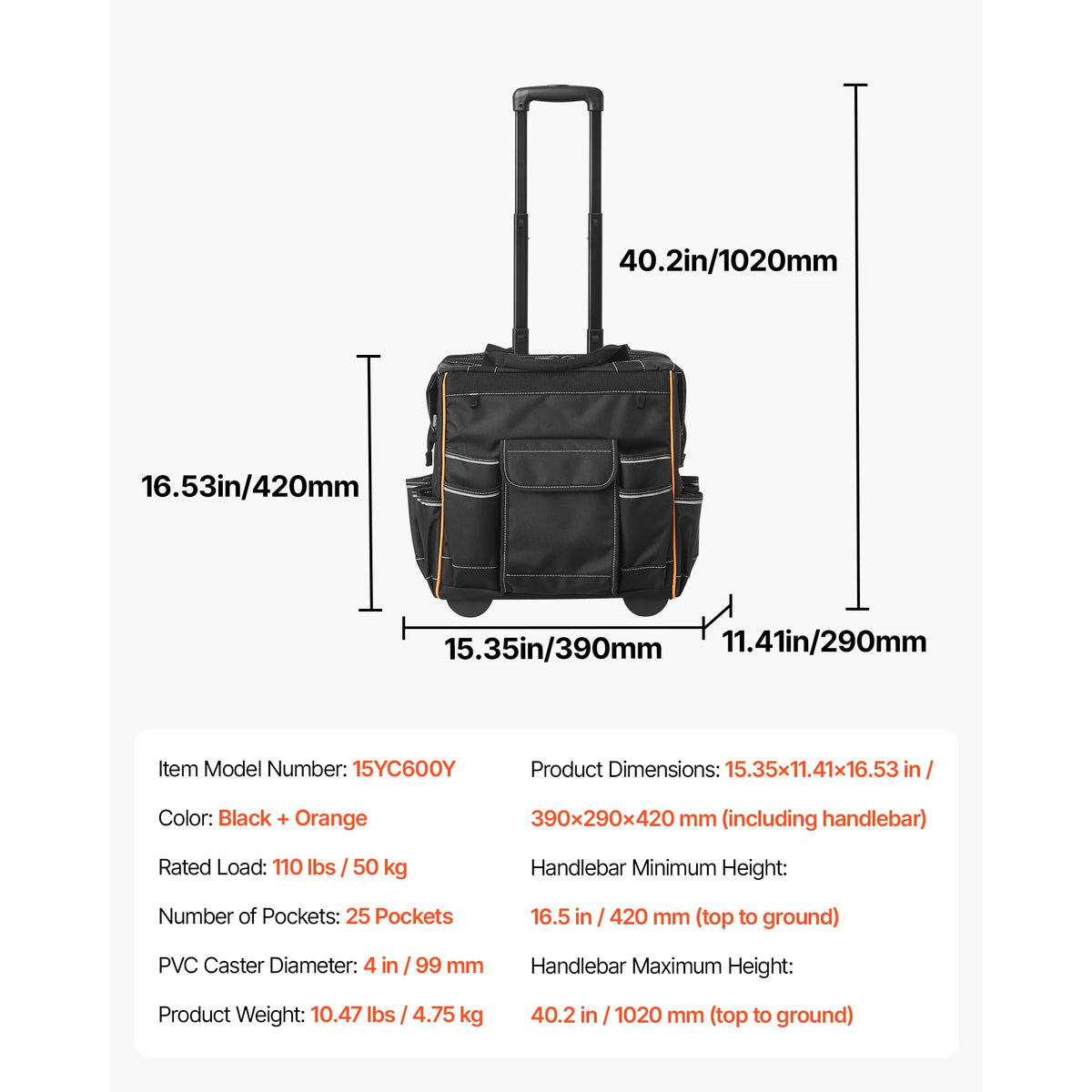 SucceBuy Rolling Tool Bag 110 lbs Load Capacity 25 Pockets Adjustable Handle & Stable Organizers with Wheels for Construction
