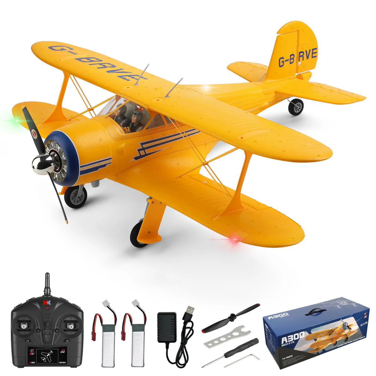 WLtoys XK A300 RC Plane, 4CH Brushless RC Airplane for Adults, Beechcraft D-17S Biplane Model, 3D/6G Mode Stunt Aircraft with Lights, Premium EPP Foam Remote Control Glider Plane Outdoors Toy Gifts (Yellow)