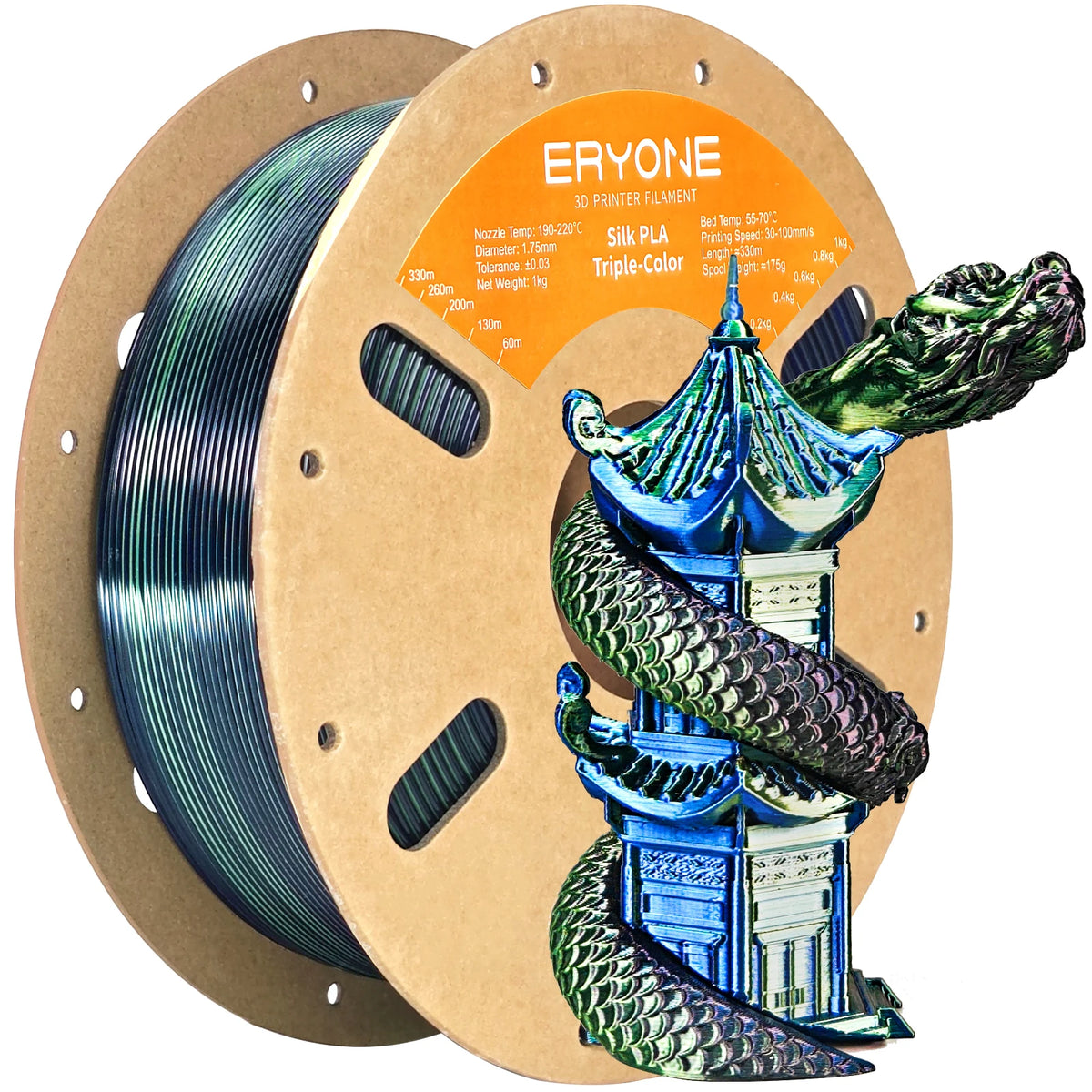 ERYONE 1KG Silk Triple Color Series PLA 3D Printer Filament 1.75mm, Tri-Color Coextrusion Silky Shiny Finish, 1kg Spool